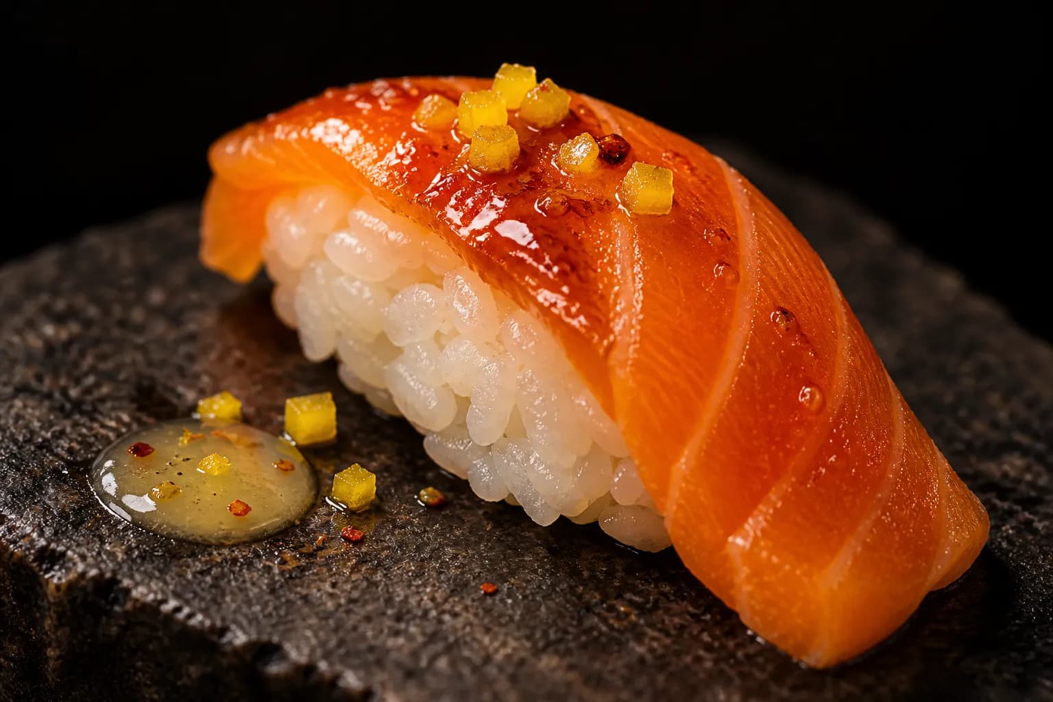 An extreme macro of a single piece of glazed raw fish over rice on a dark stone slab with diced yellow chilli and a drop of pale citrus liquid