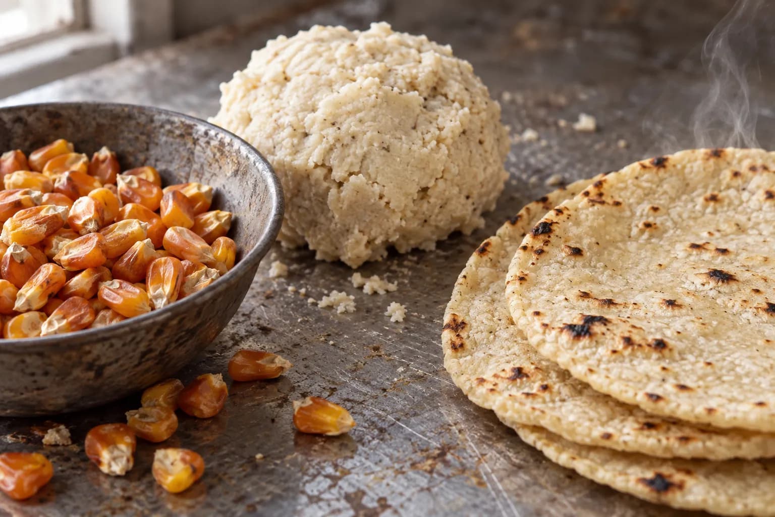 A steel work surface with a bowl of deep orange dried corn kernels, a ball of freshly ground damp masa and three warm tortillas with char spots
