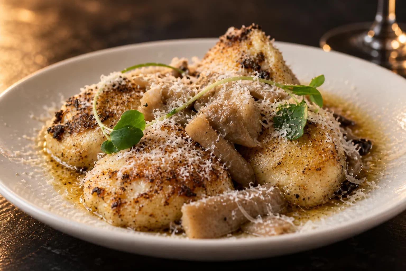 A small white plate of pale soft dumplings under finely grated hard cheese with dark sliced mushrooms and a slick of brown butter, on a dark bar counter
