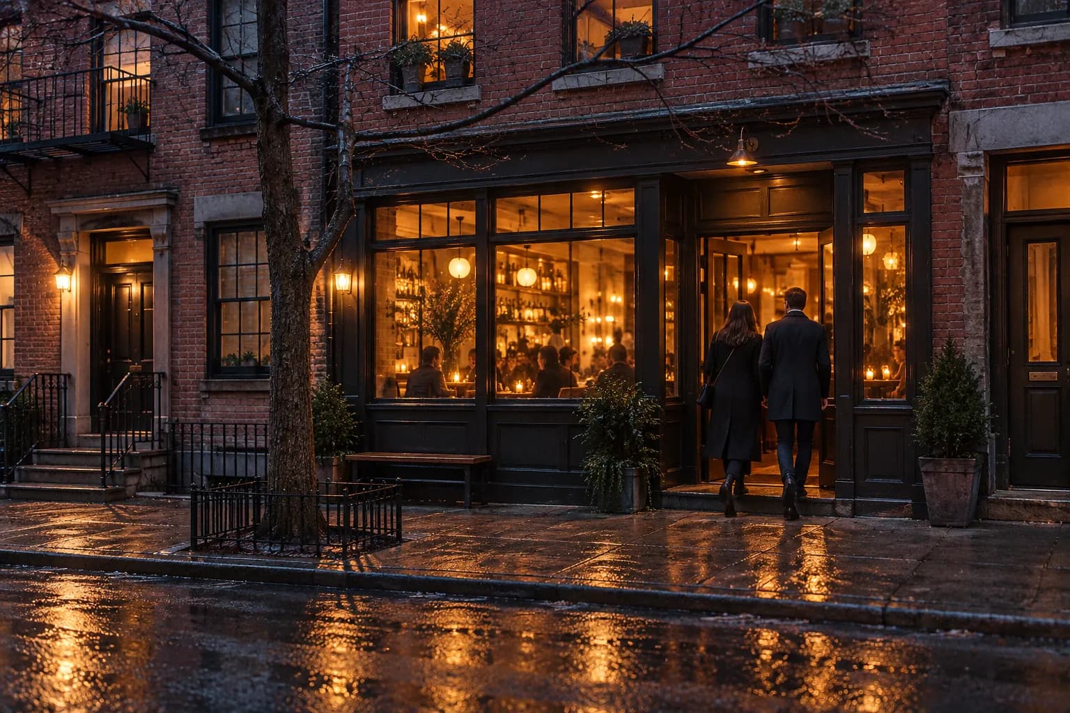 A narrow West Village brick street at dusk with one warmly lit restaurant frontage and wet pavement reflecting the glow