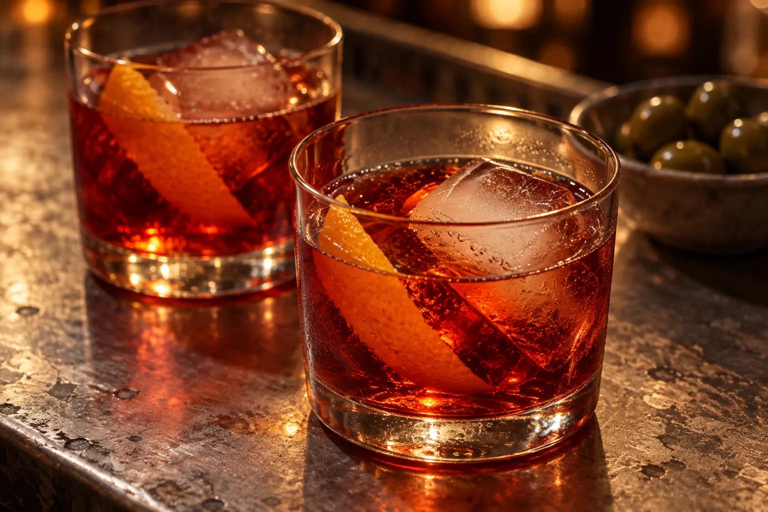 Two short tumblers of a deep red-orange bitter cocktail with large ice cubes and orange peel on a worn zinc bar top, backlit by warm bar lighting