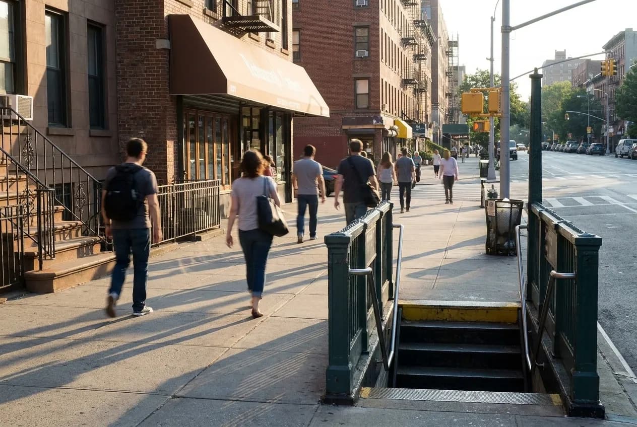 Manhattan side street with subway entrance and pedestrians walking toward quieter blocks