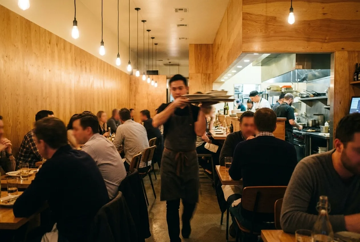 A crowded, brightly lit restaurant dining room with staff carrying trays between close tables