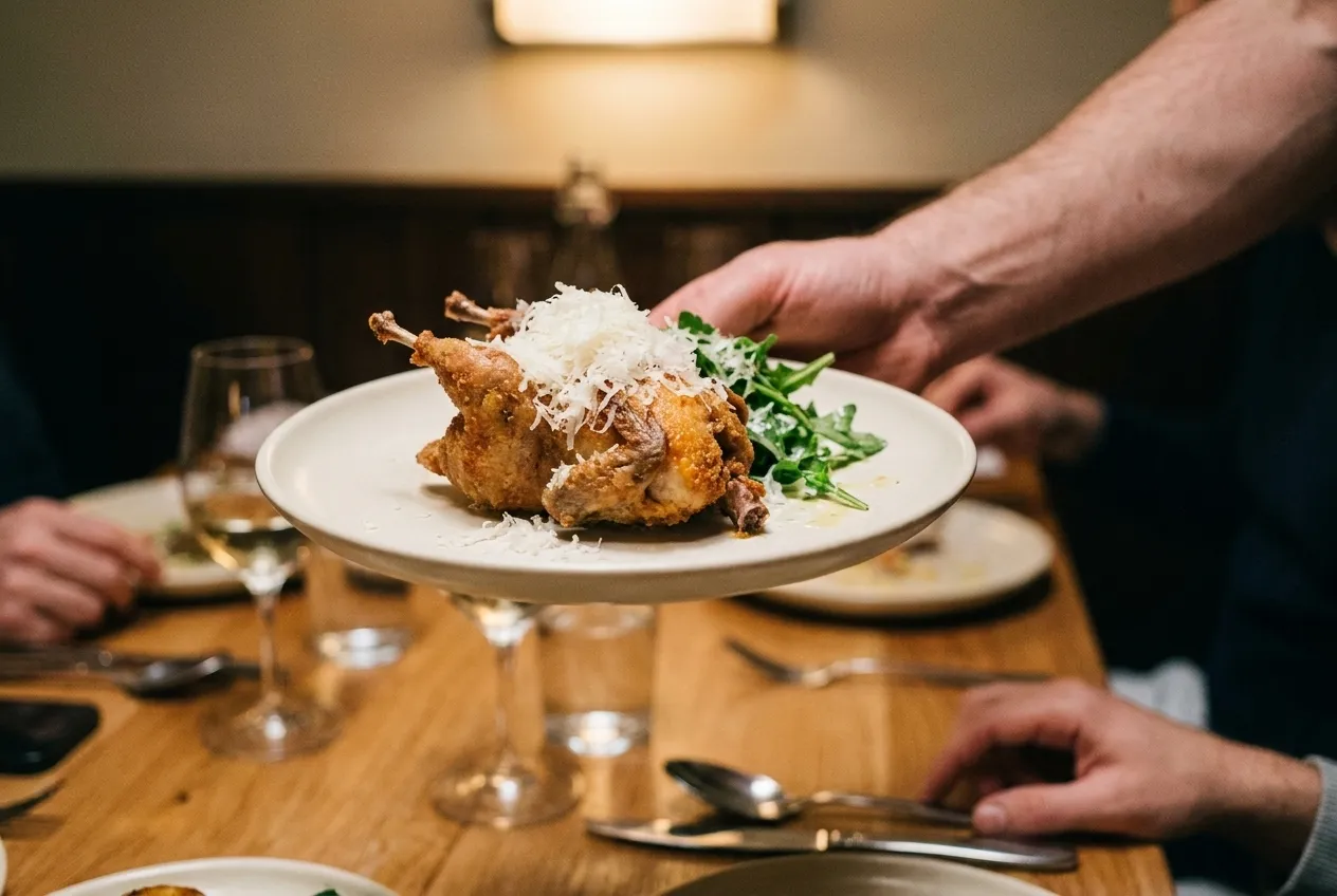 A small fried quail dish with shaved cheese on a plate held over a restaurant table