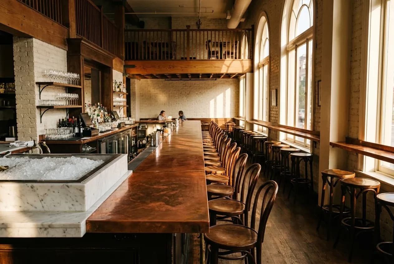 A long copper bar inside a wedge-shaped corner restaurant with tall windows and warm light