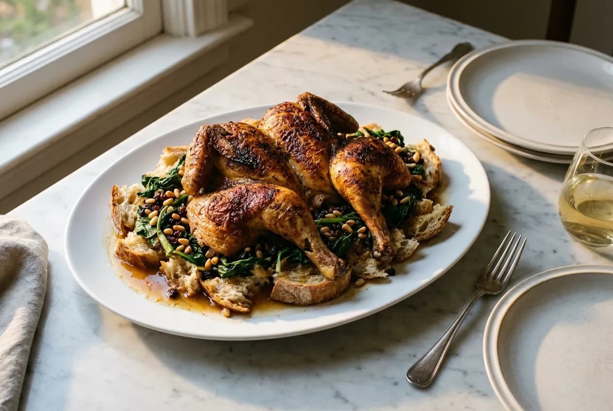 A whole roast chicken on a platter over torn bread salad on a marble restaurant table