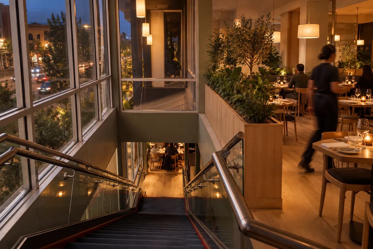A calm mid-sized restaurant dining room at the start of evening service, pale timber and warm pendants over set tables with a server crossing in motion blur
