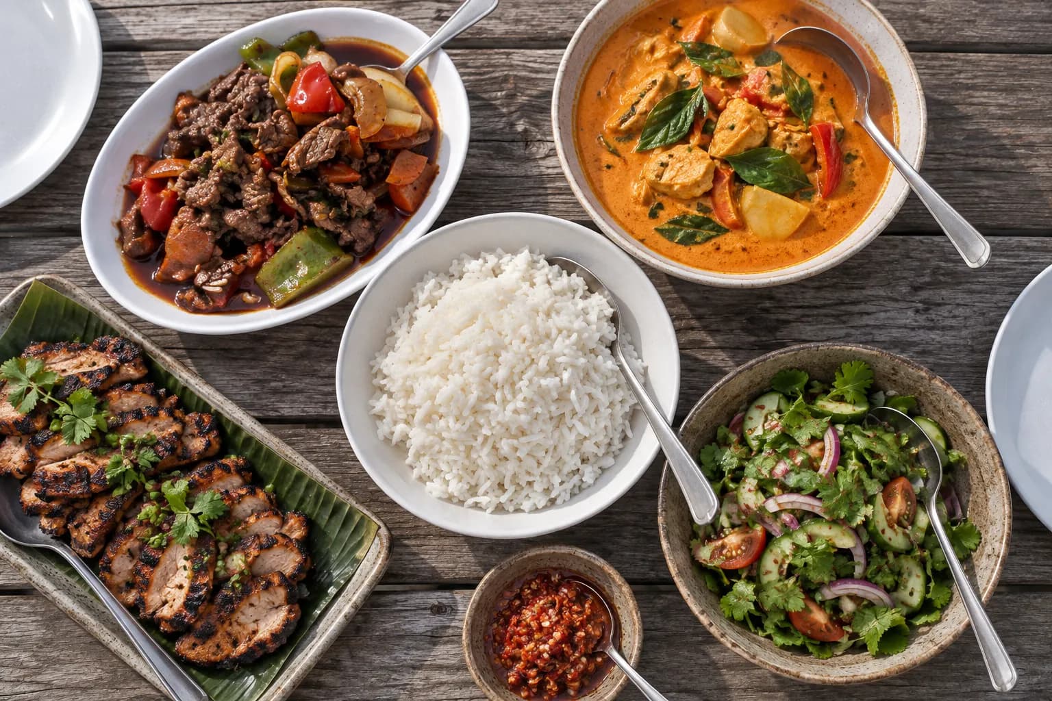 Overhead view of a shared table with a deep orange curry, a herb-heavy salad, a charred grilled platter and a chilli condiment around a central bowl of rice