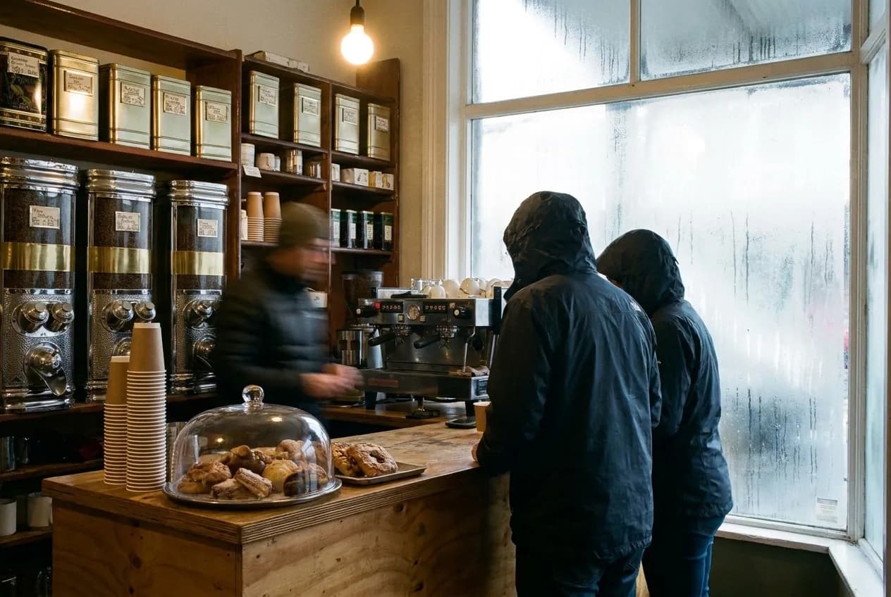 A narrow neighborhood coffee counter with steamed windows and two people waiting