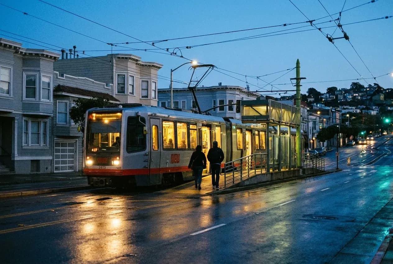 A Muni light rail car pulling in on a San Francisco street at dusk