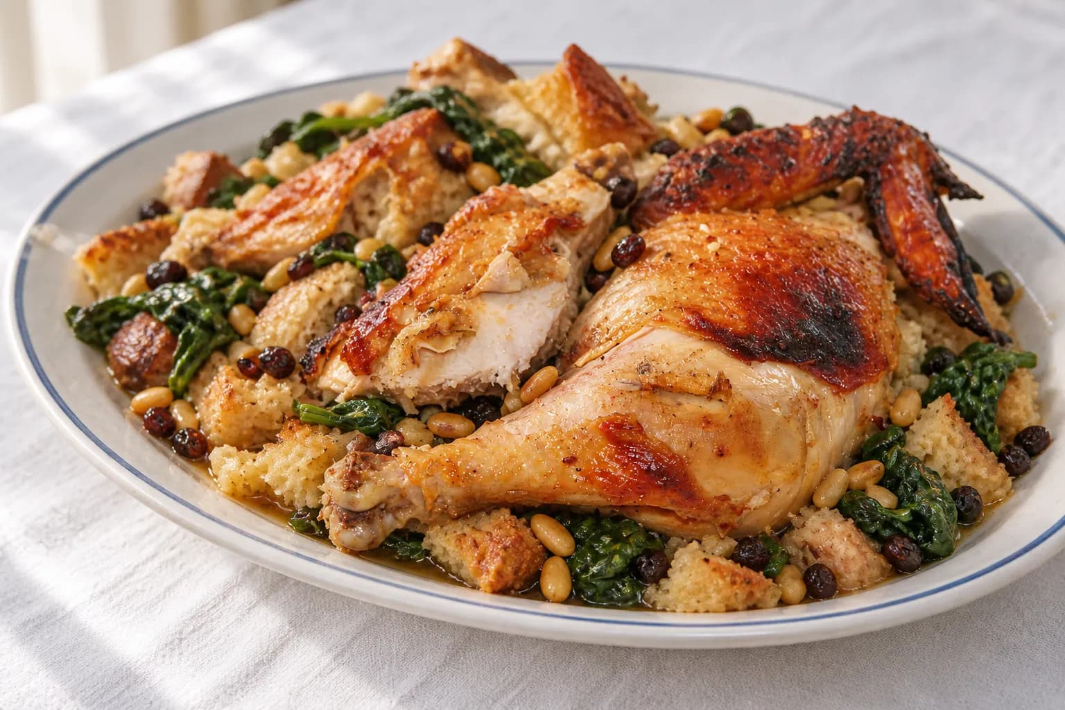 A whole small chicken carved onto a platter with dark crackled skin, resting on torn bread soaked in pan juices with greens, currants and pine nuts