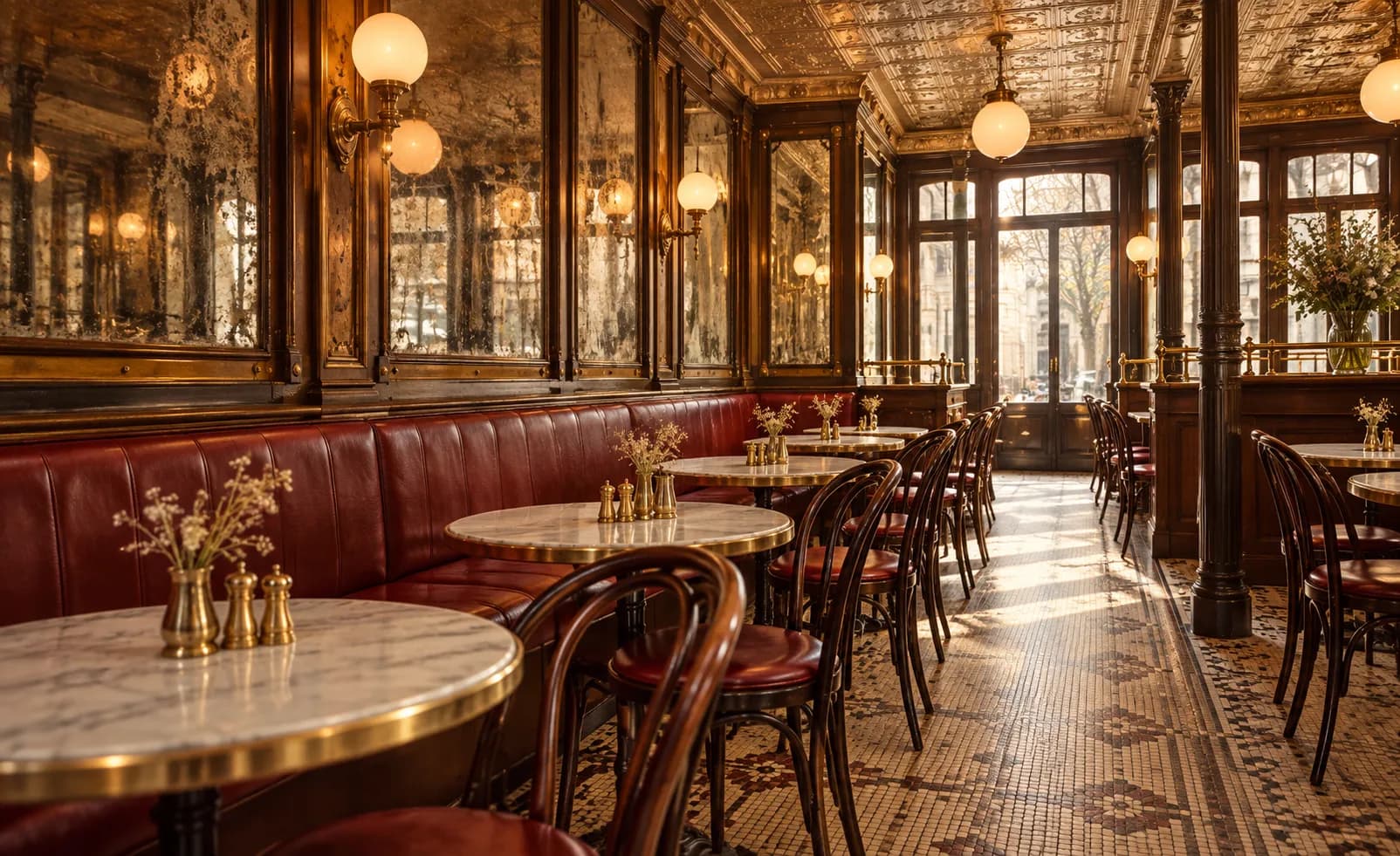 An empty brasserie dining room with mirrors and banquettes