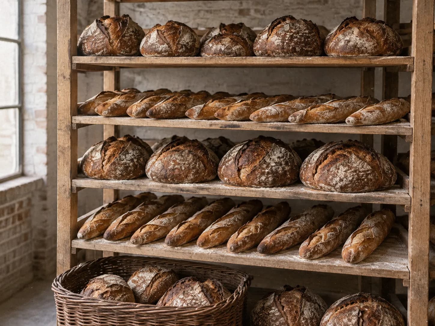 Loaves of crusty bread stacked on a bakery rack
