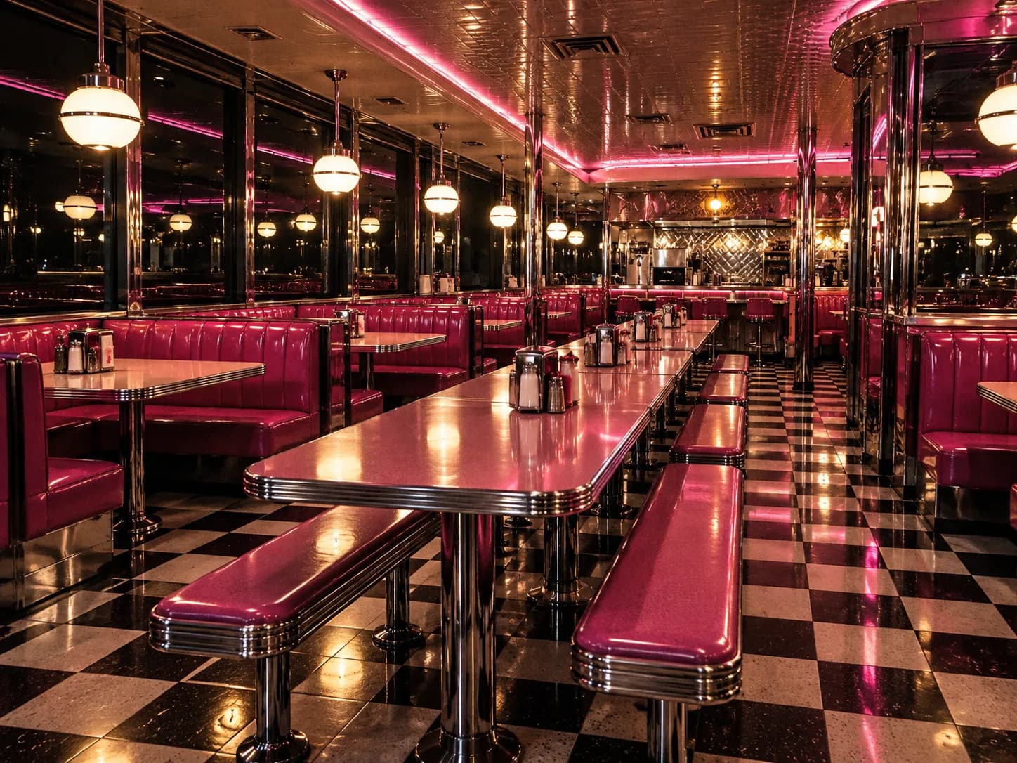 A retro diner interior with long communal tables at night