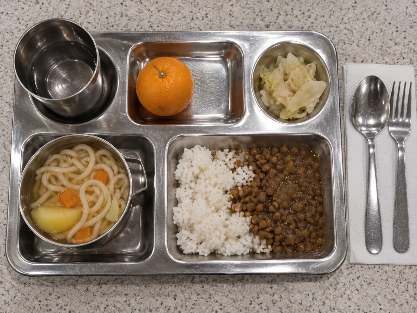A compartmented stainless steel tray on a formica table