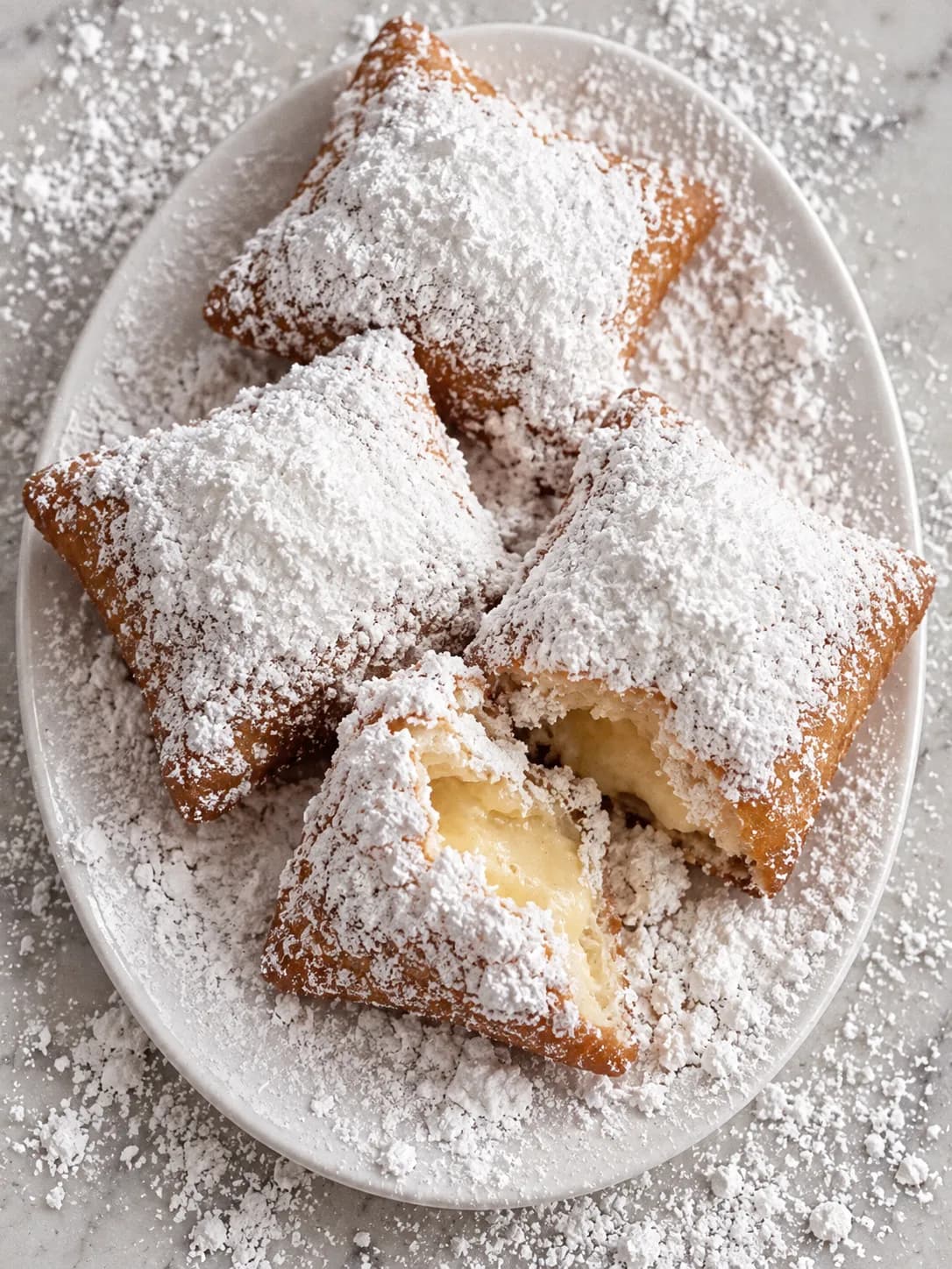 Four square fried pastries dusted heavily with icing sugar