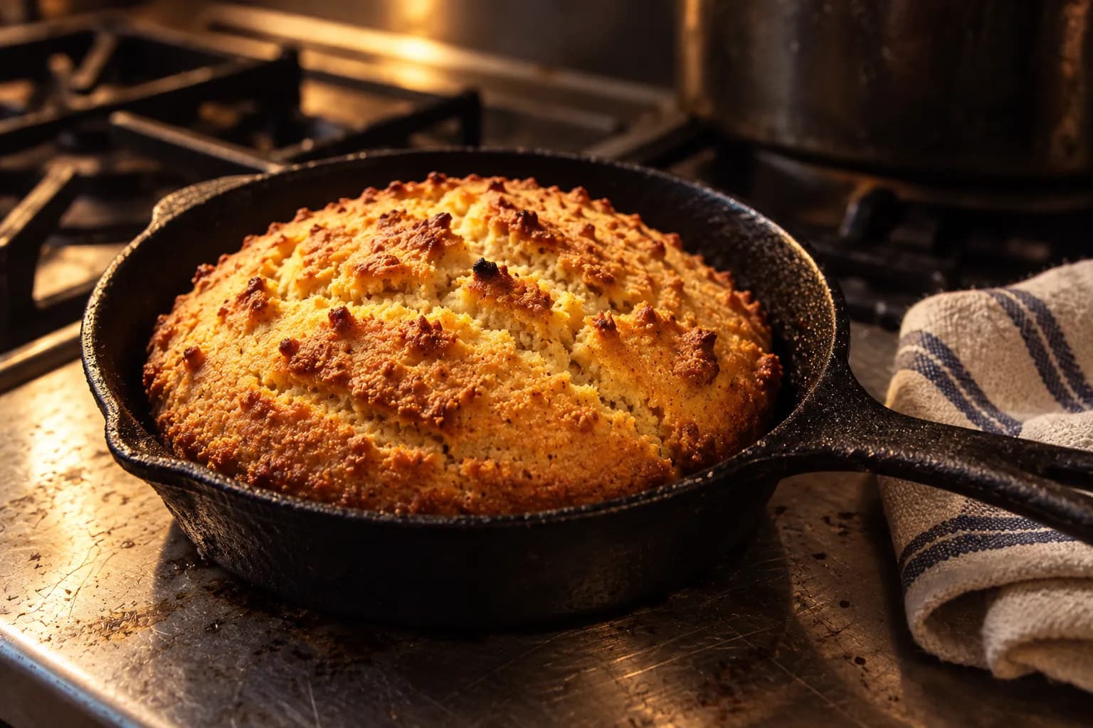 A cast iron skillet of cornbread on a stovetop