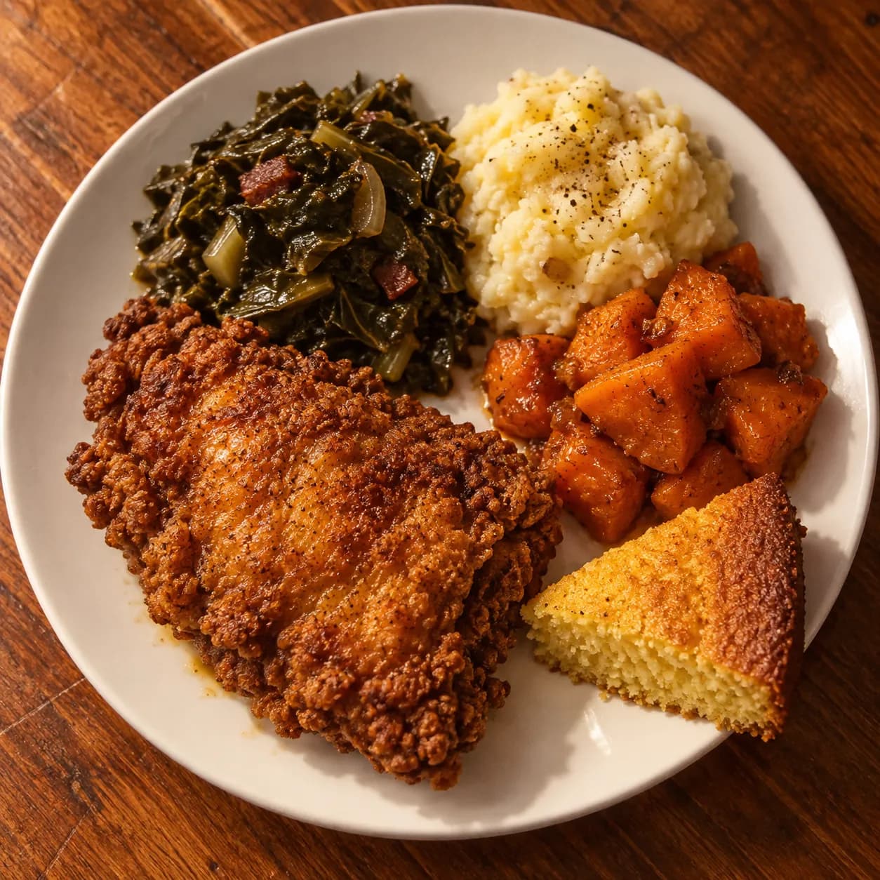 A plate divided between fried meat and three vegetable sides