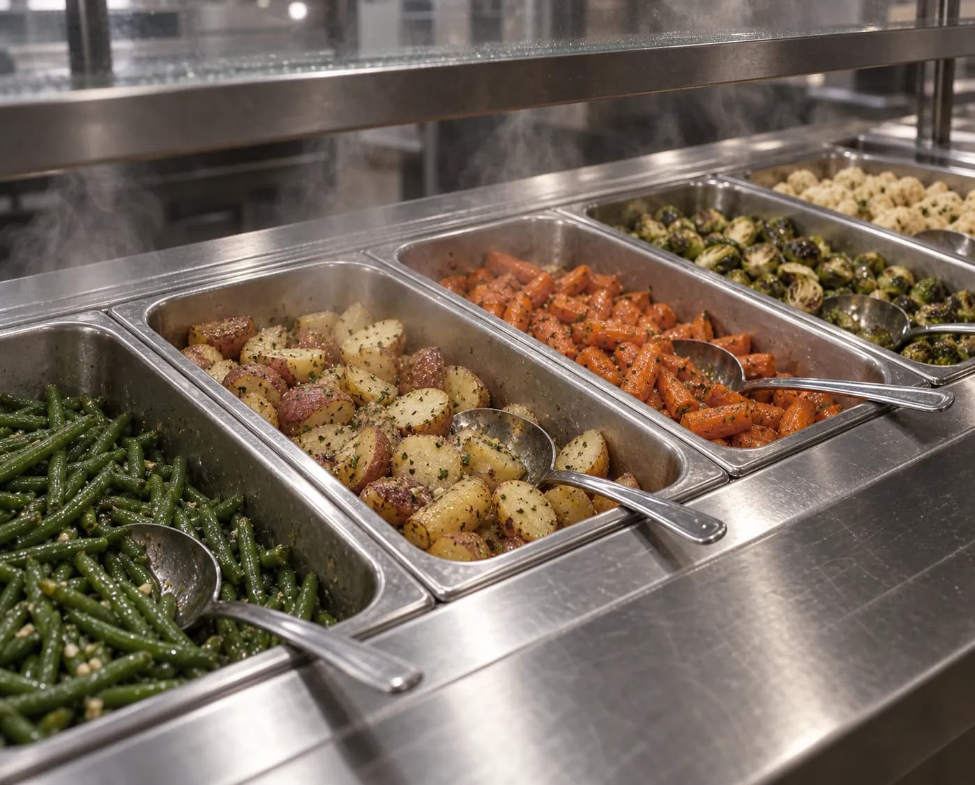 A row of stainless steam-table pans holding vegetable sides