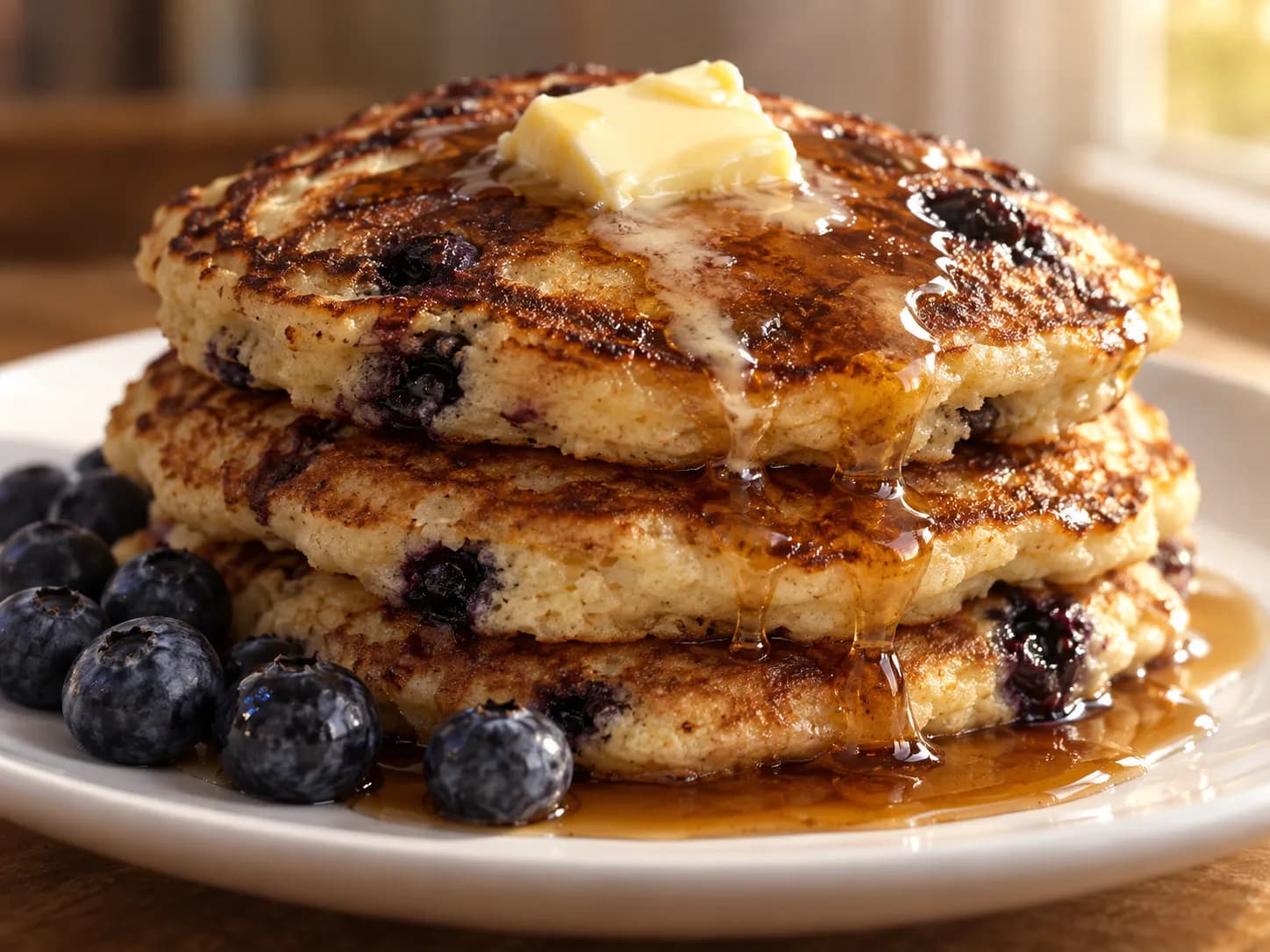 A stack of pancakes with butter melting down the side