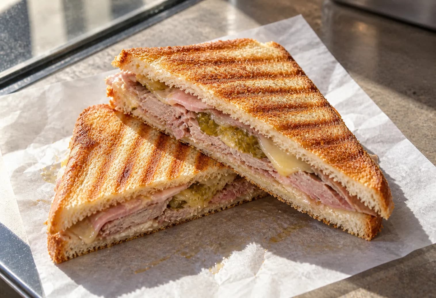 A pressed Cuban sandwich cut on the diagonal on paper