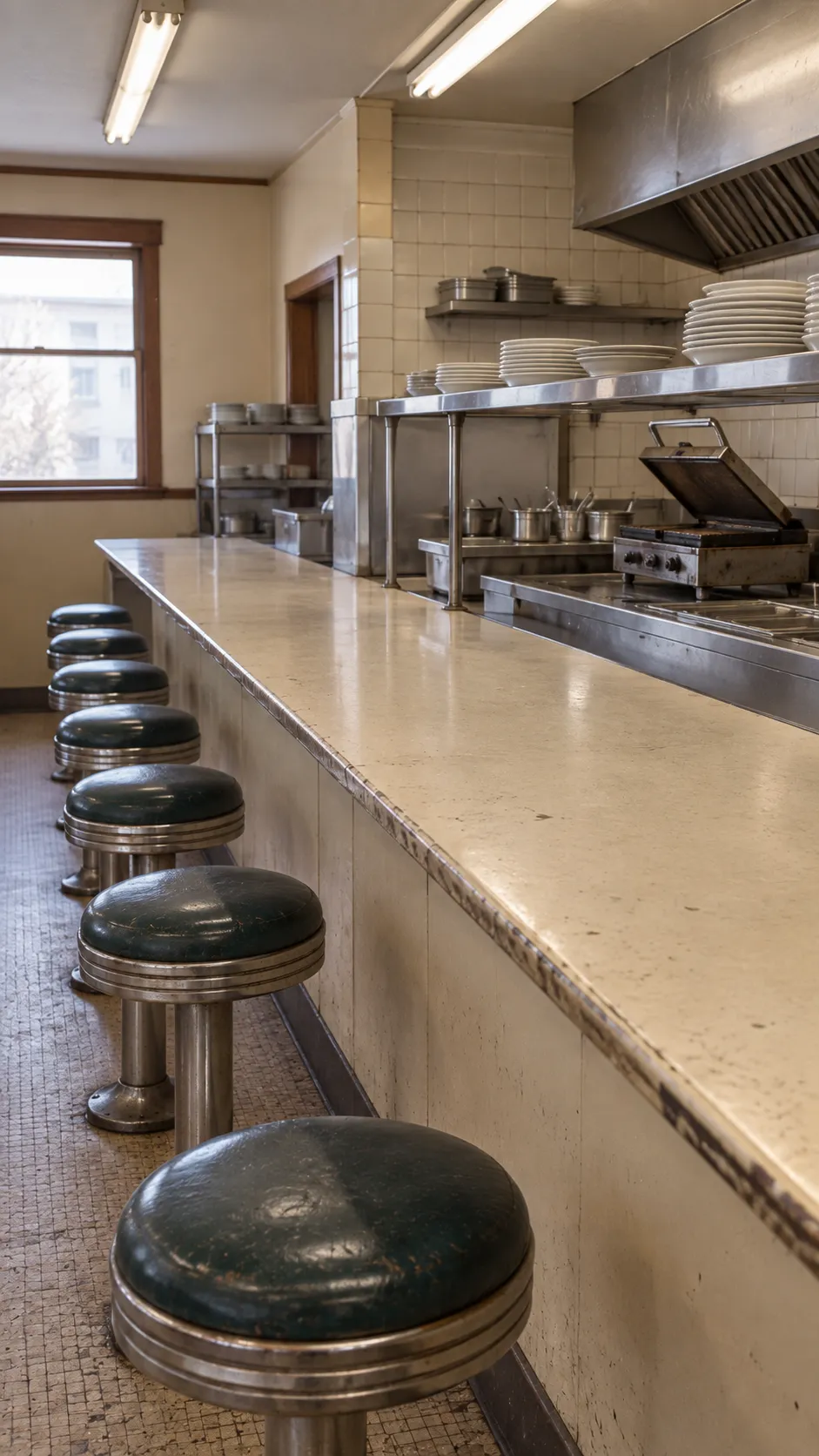 A worn formica counter with stools facing an open kitchen