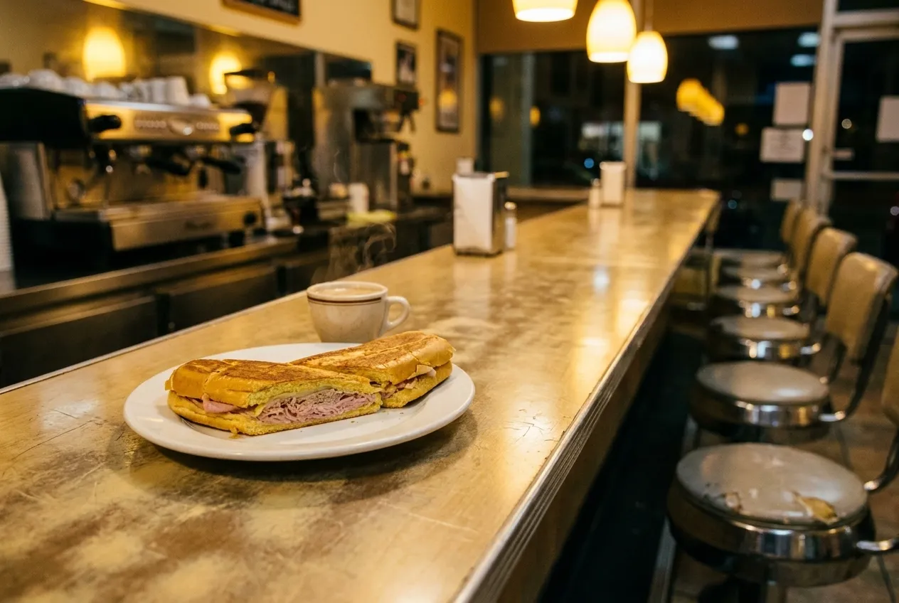 A pressed Media Noche sandwich on sweet bread beside a small cup of Cuban coffee on a cafe counter at night.