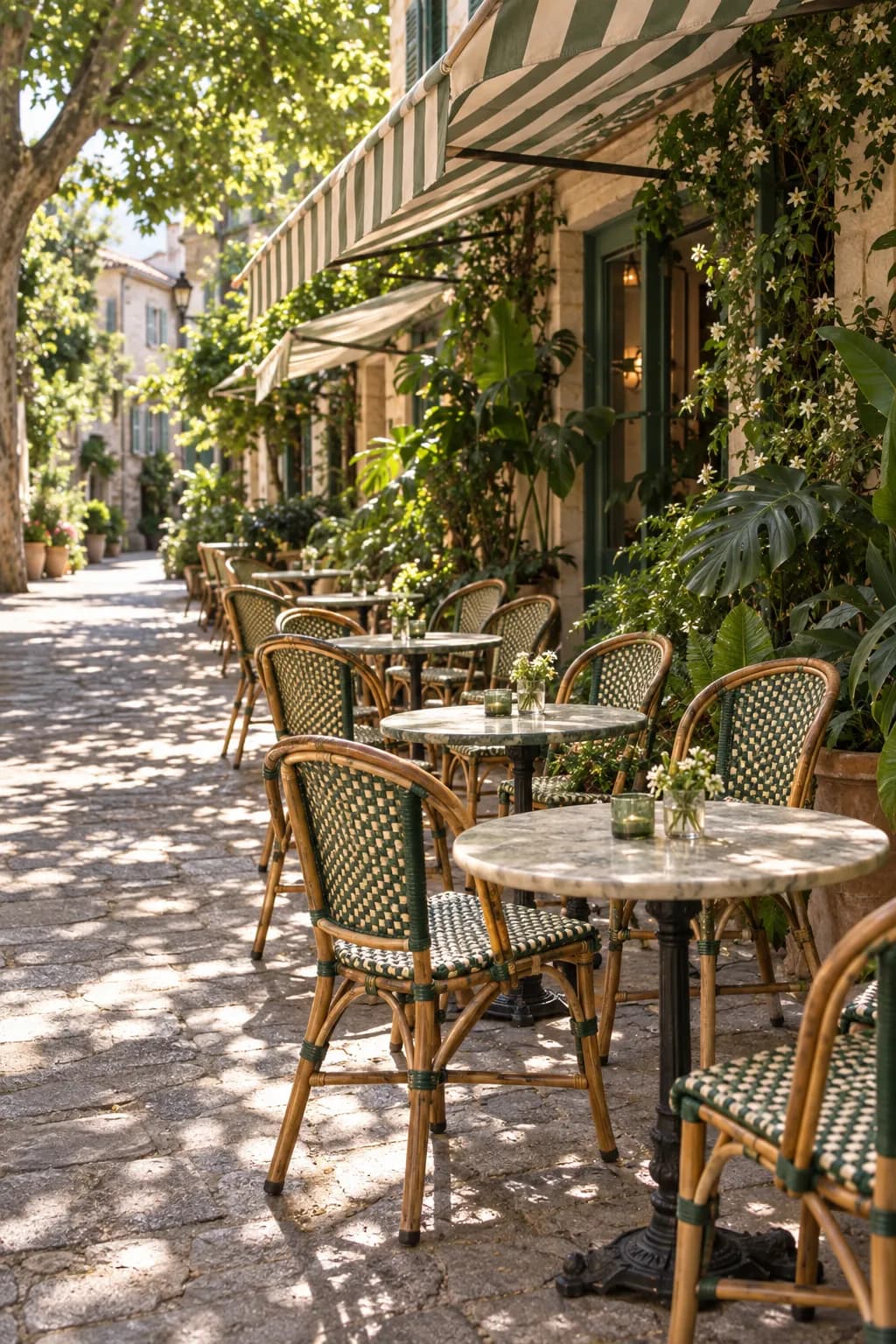 A shaded pavement terrace with rattan chairs under awnings