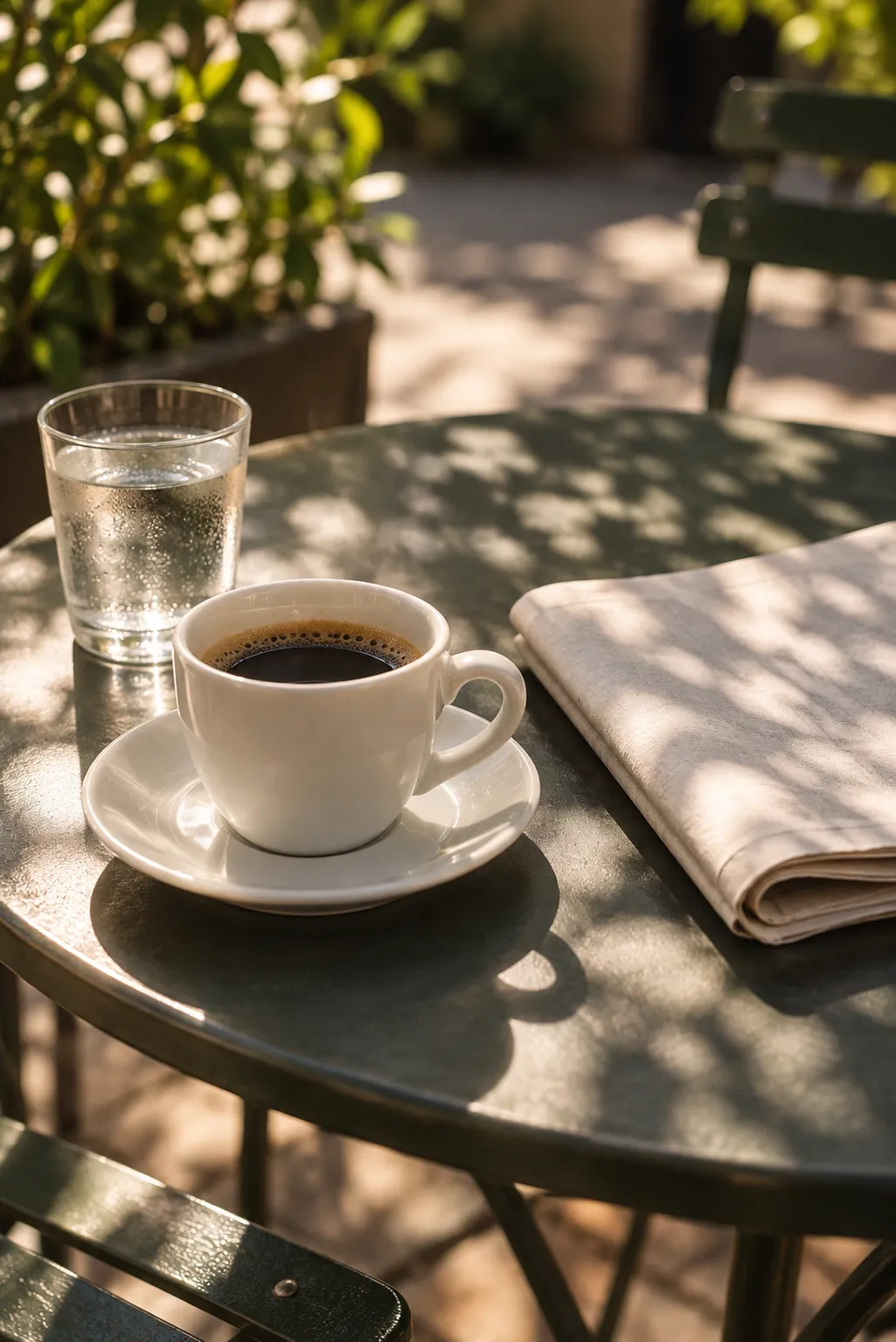 A coffee cup and folded newspaper on a small outdoor table