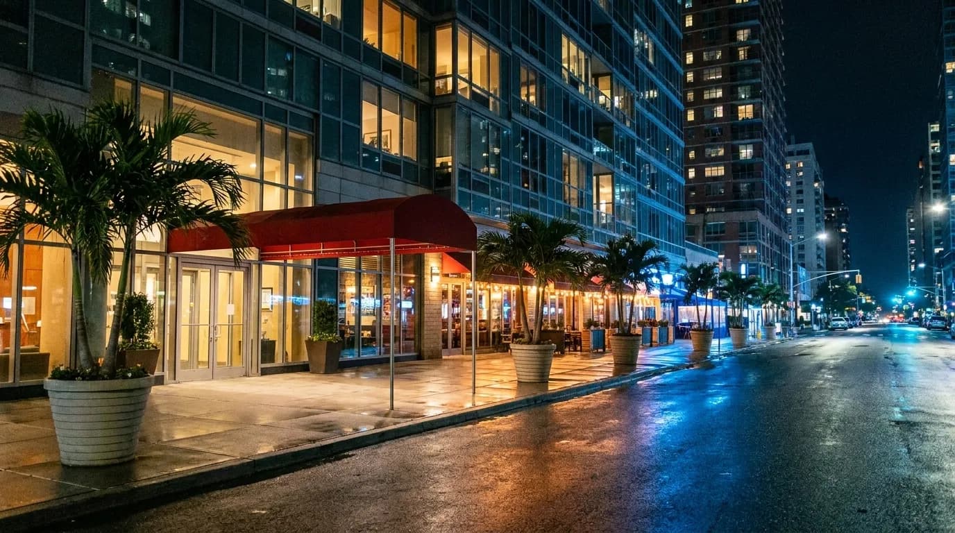 A dense high-rise district street at night with glass towers, palms in planters and a few lit ground-floor restaurant frontages