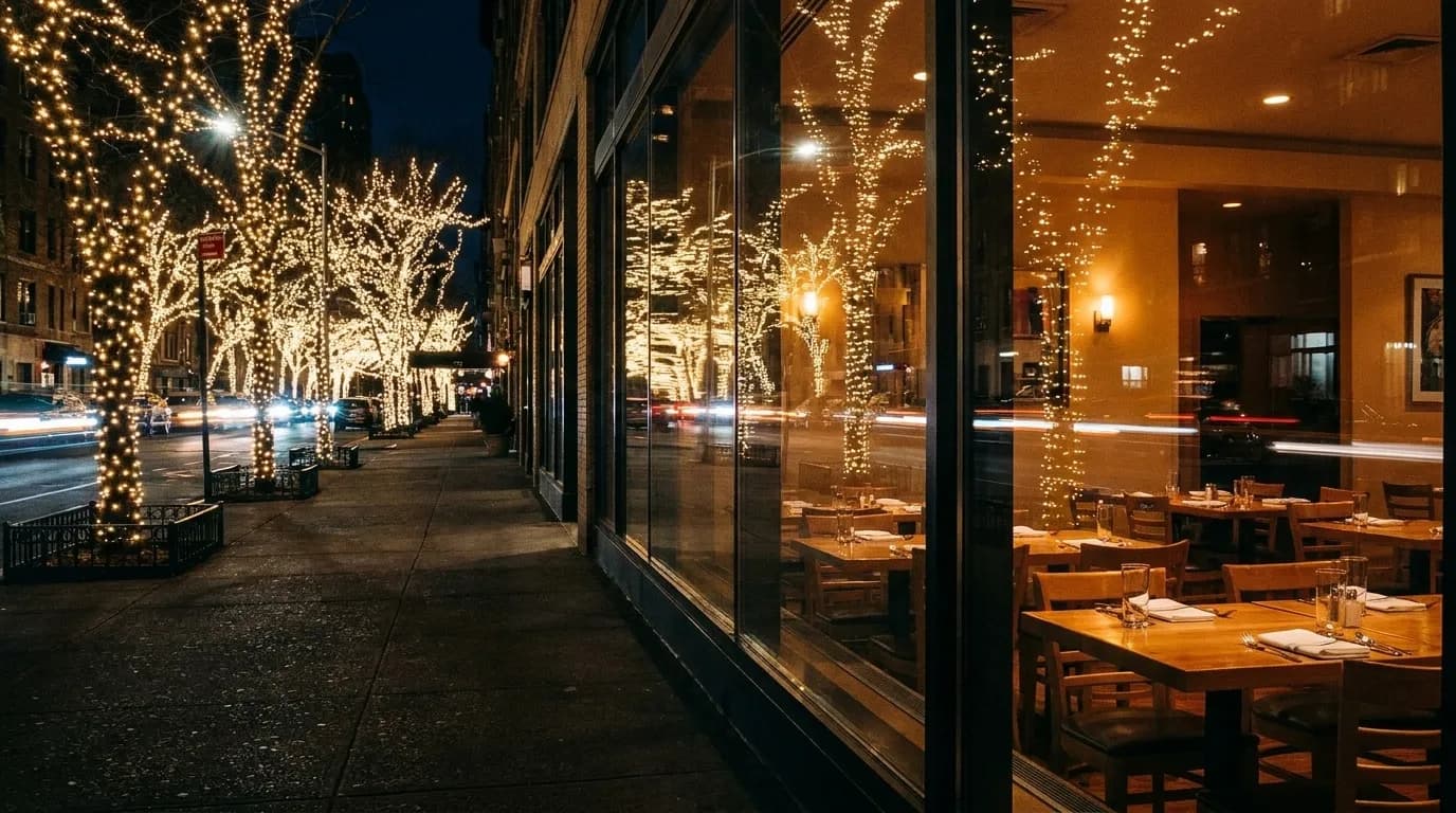 A quiet restaurant window at night reflecting street lights with empty tables visible inside