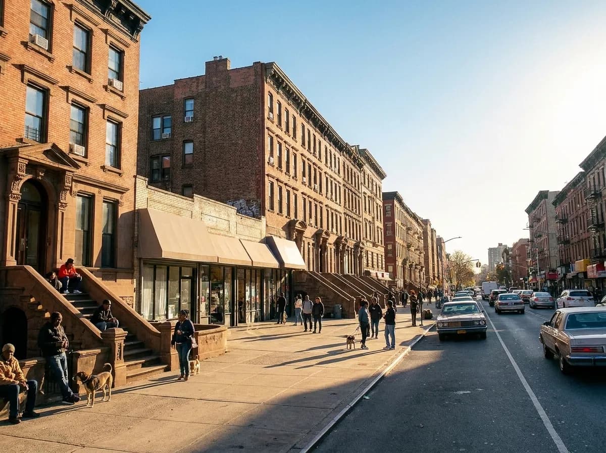 A wide Harlem avenue of brick apartment buildings and low storefronts in long golden late-afternoon light