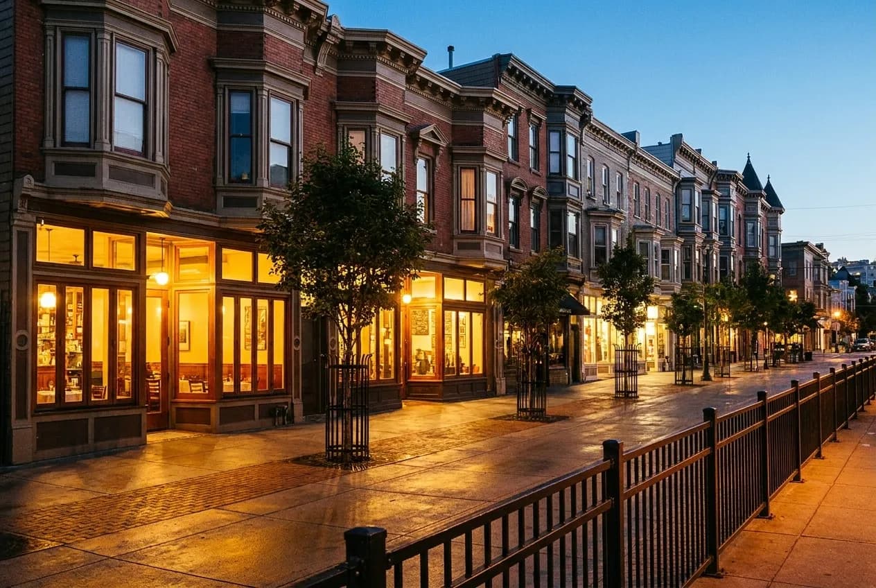A compact street of Victorian storefronts at dusk with warm light behind the restaurant windows