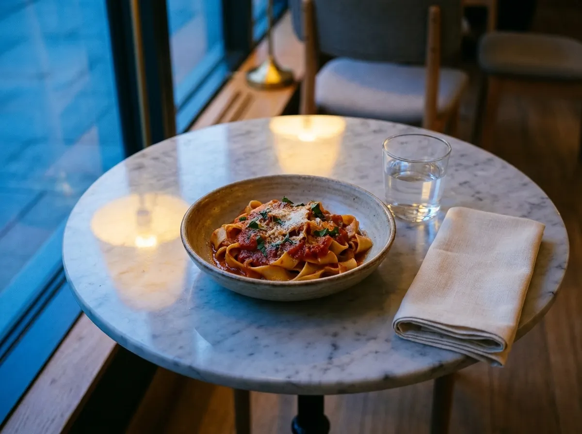 A plate of pasta and a glass of water on a small marble table beside a window at dusk