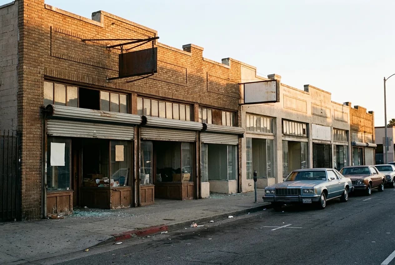 A row of low brick and stucco storefronts on a northeast Los Angeles street in the last warm light of the evening