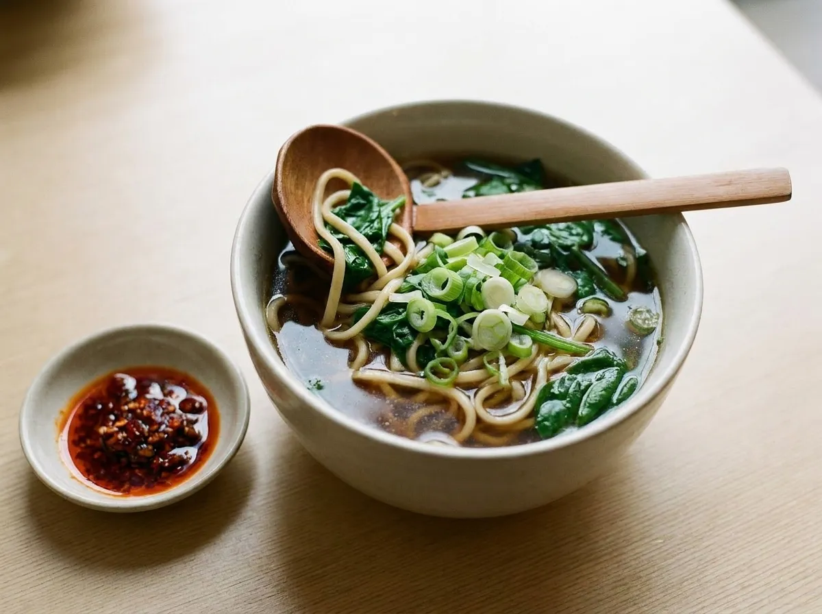 A bowl of noodles in dark broth with sliced greens on a plain café table beside a small dish of chilli oil