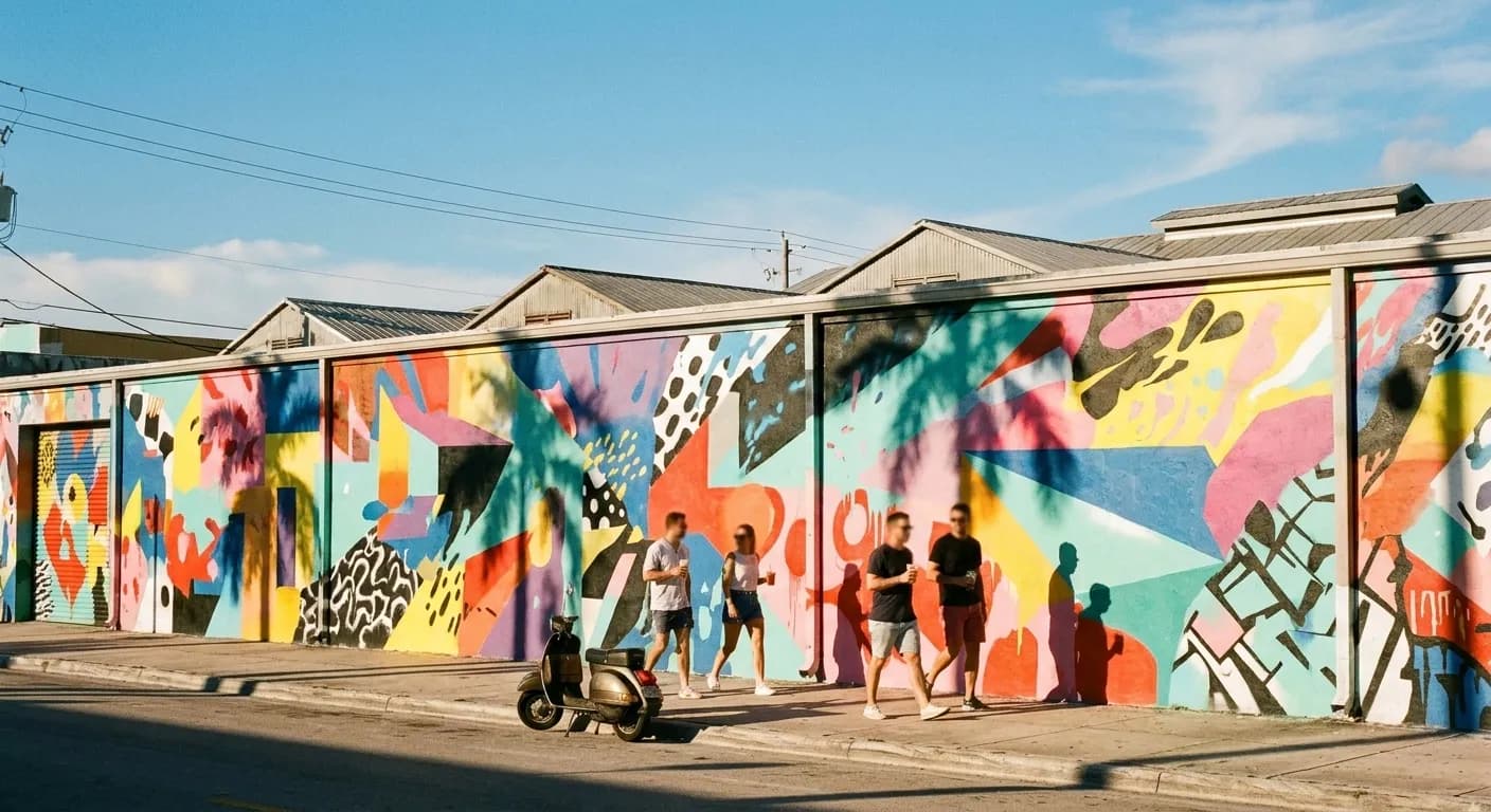 A Wynwood side street in the afternoon, a long warehouse wall covered in bold abstract murals with four people walking past on hot pavement