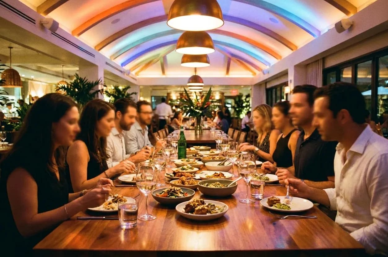 A long table in a Miami restaurant with eight people seated along both sides and shared plates covering the centre under warm pendant lamps