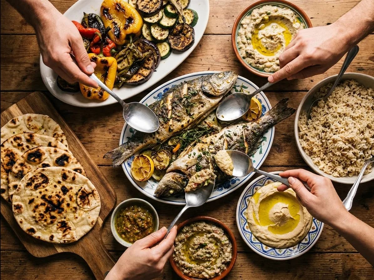 A table centre covered in shared dishes including a whole fish, grilled vegetables, dips and charred flatbread, with three hands reaching in with serving spoons
