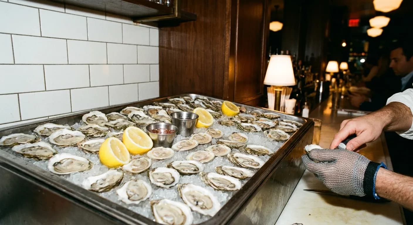 Oysters and clams on crushed ice at the raw bar of a late-night New York restaurant