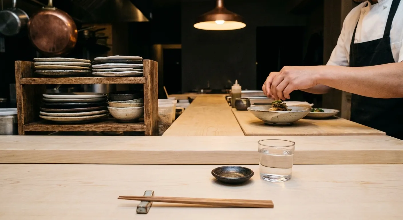 The view from a single seat at a ten-stool New York counter, a chef's hands plating directly across the wood