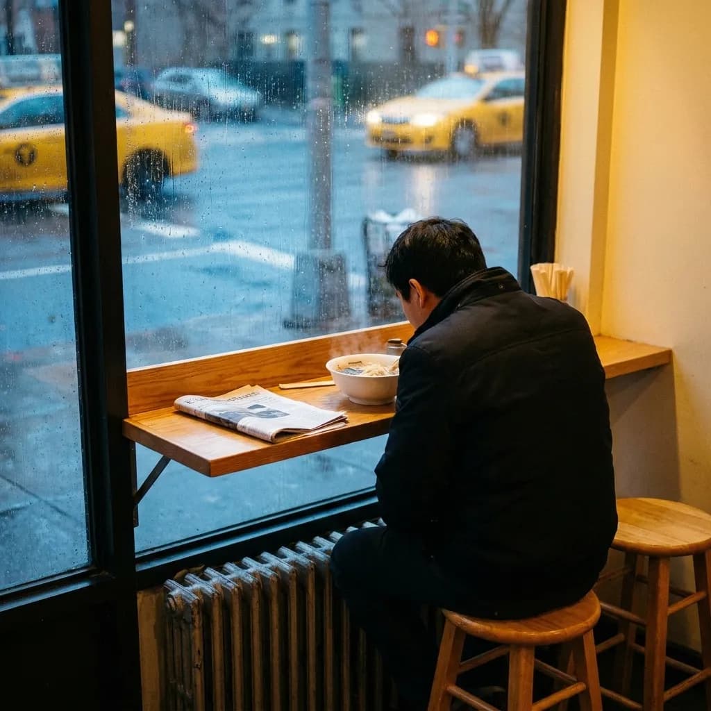 A single diner at a narrow window shelf in a New York noodle shop, steaming bowl on the ledge and rain on the glass