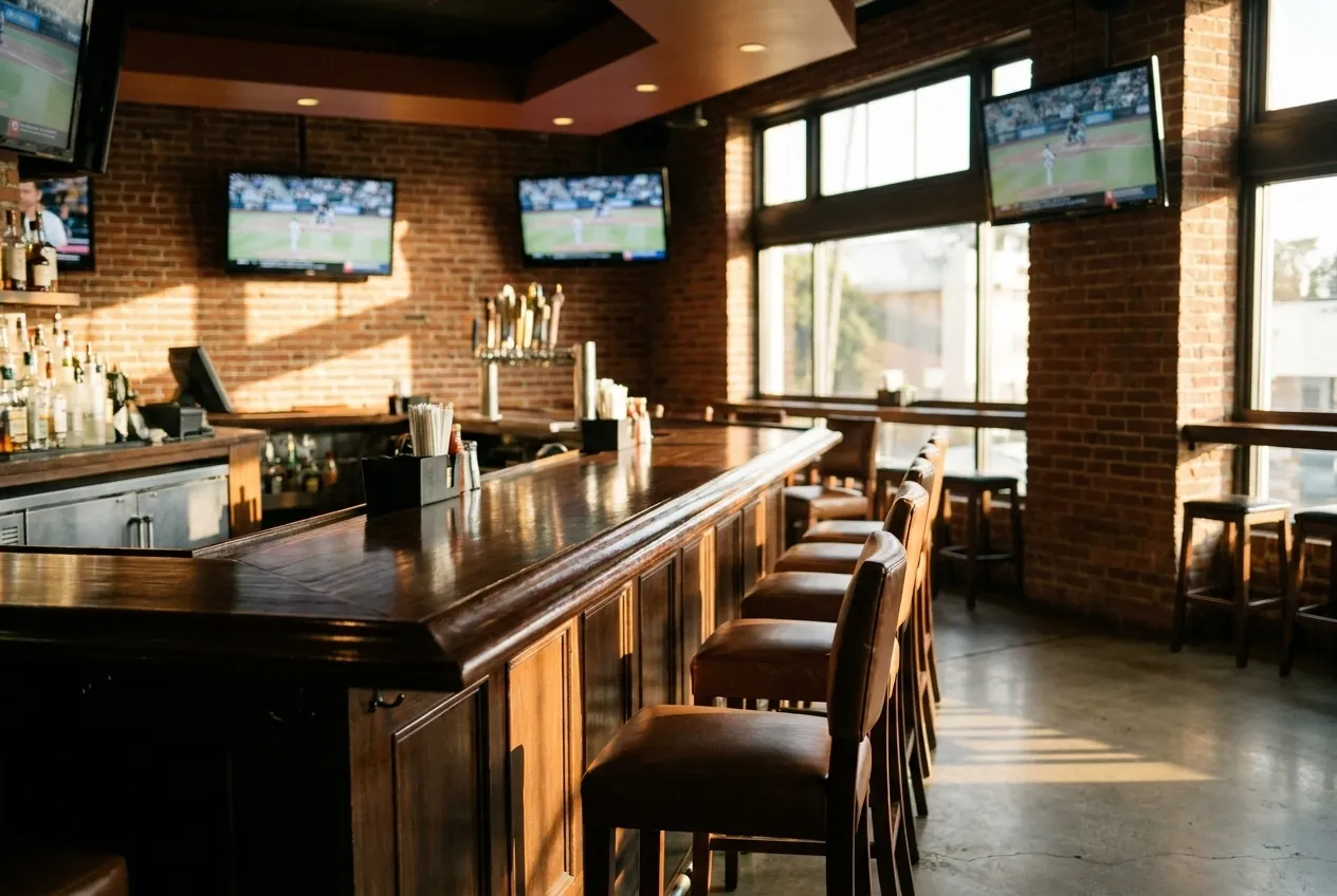 Morning sunlight illuminating a Los Angeles sports bar interior with bar counter and television screens