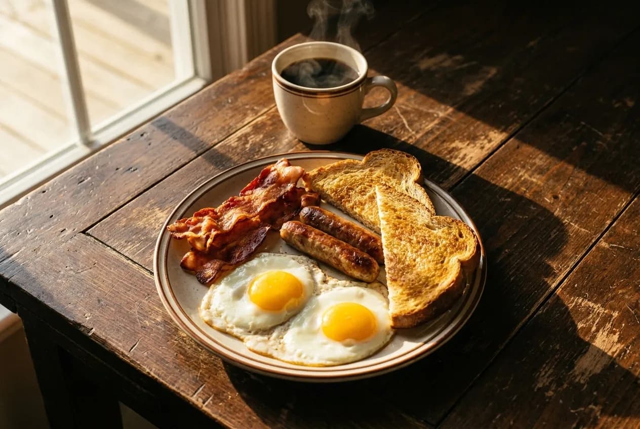 Overhead view of a full breakfast plate with coffee on a restaurant table in morning light