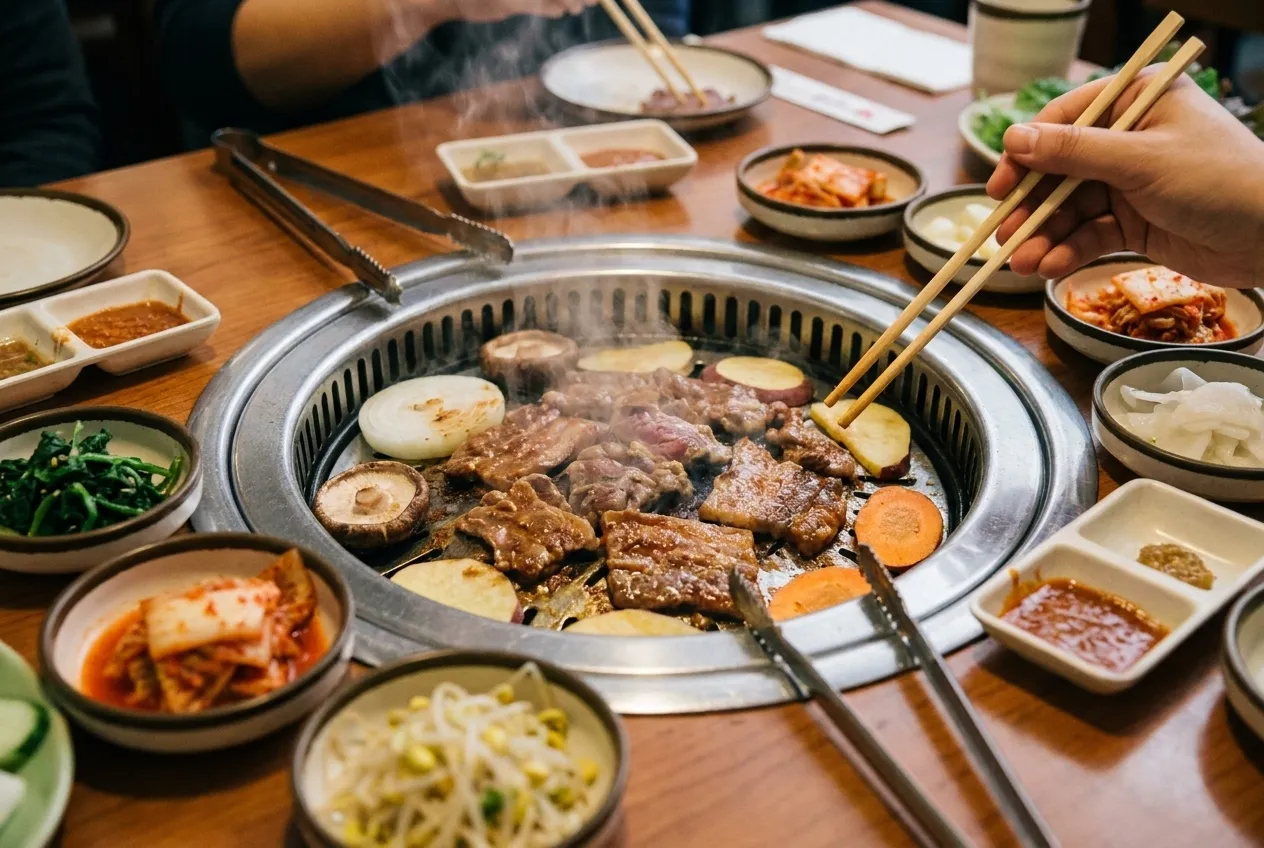 Overhead view of meat cooking on a tabletop Korean barbecue grill with side dishes