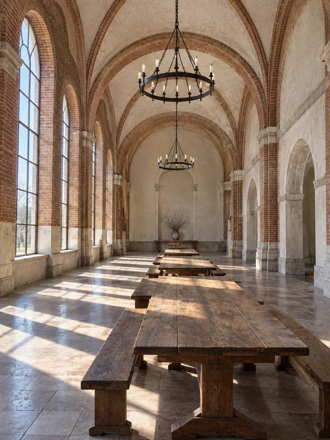 A vaulted brick hall with tall arched windows and long tables