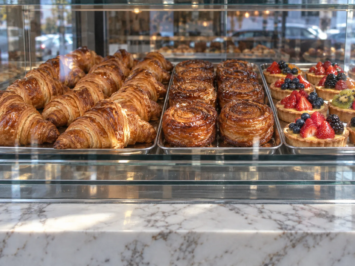A glass pastry case filled with croissants and tarts