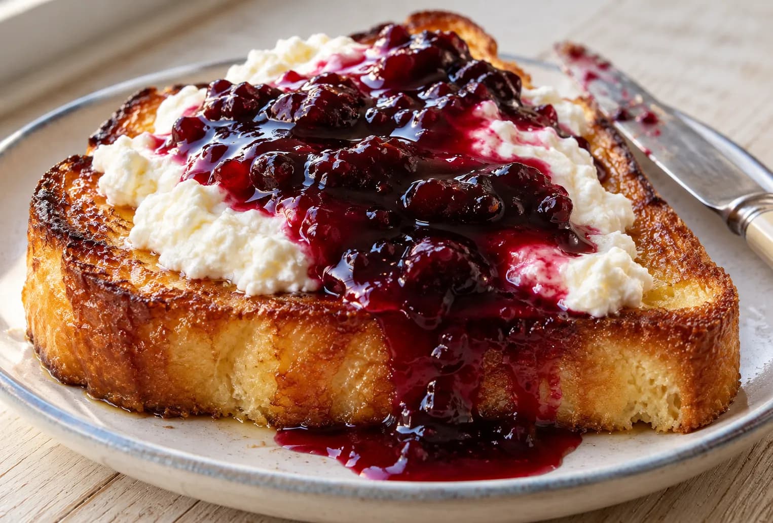 A thick slice of toast loaded with ricotta and dark jam