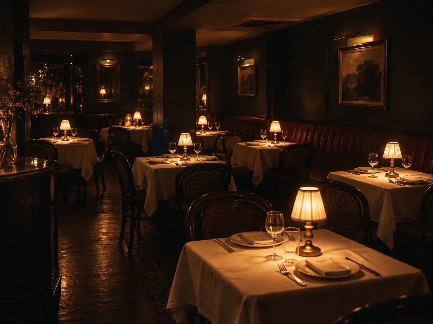 A small dim dining room lit by low table lamps at night