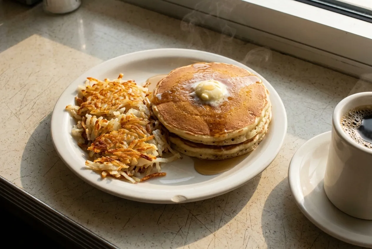 An overhead view of pancakes, hash browns, and coffee on a classic diner plate in morning light